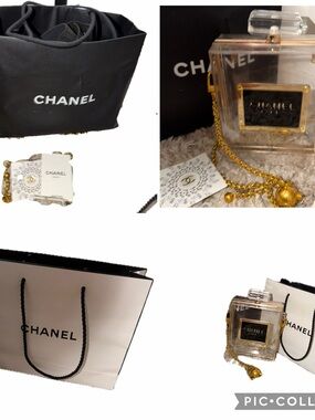B&W shopping totes a Clear Perfume Bottle Mini Bag with Gold Chain